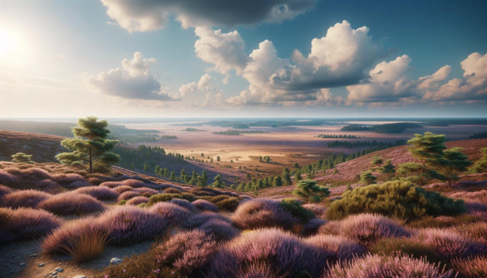 Dall%c2%b7e 2024 01 03 22.25.47   a photorealistic image of a view over the drenthe heathlands in the netherlands. the image should capture the vast  open landscape of the heath  with 