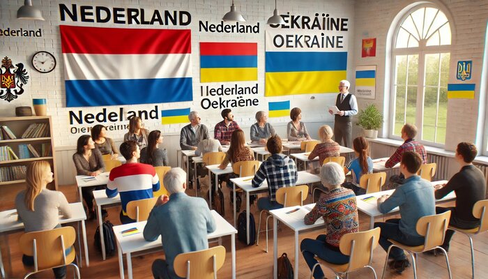 Dall%c2%b7e 2024 09 17 12.14.04 a classroom scene with adult and elderly students from ukraine and russia learning dutch. the correct dutch flag with horizontal red white and blue