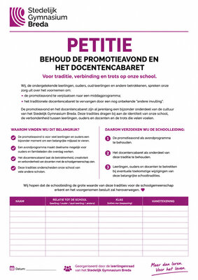 Leerlingenraad petitie behoud caberet en promotie avond