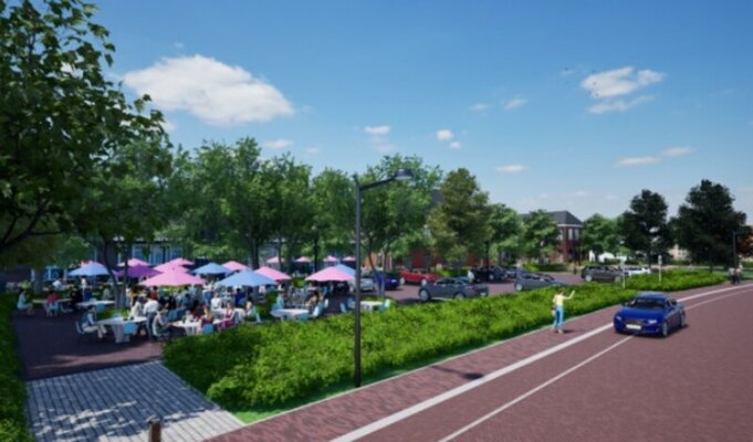 Een impressie van het vernieuwde gemeentehuisplein in het centrum van heeze